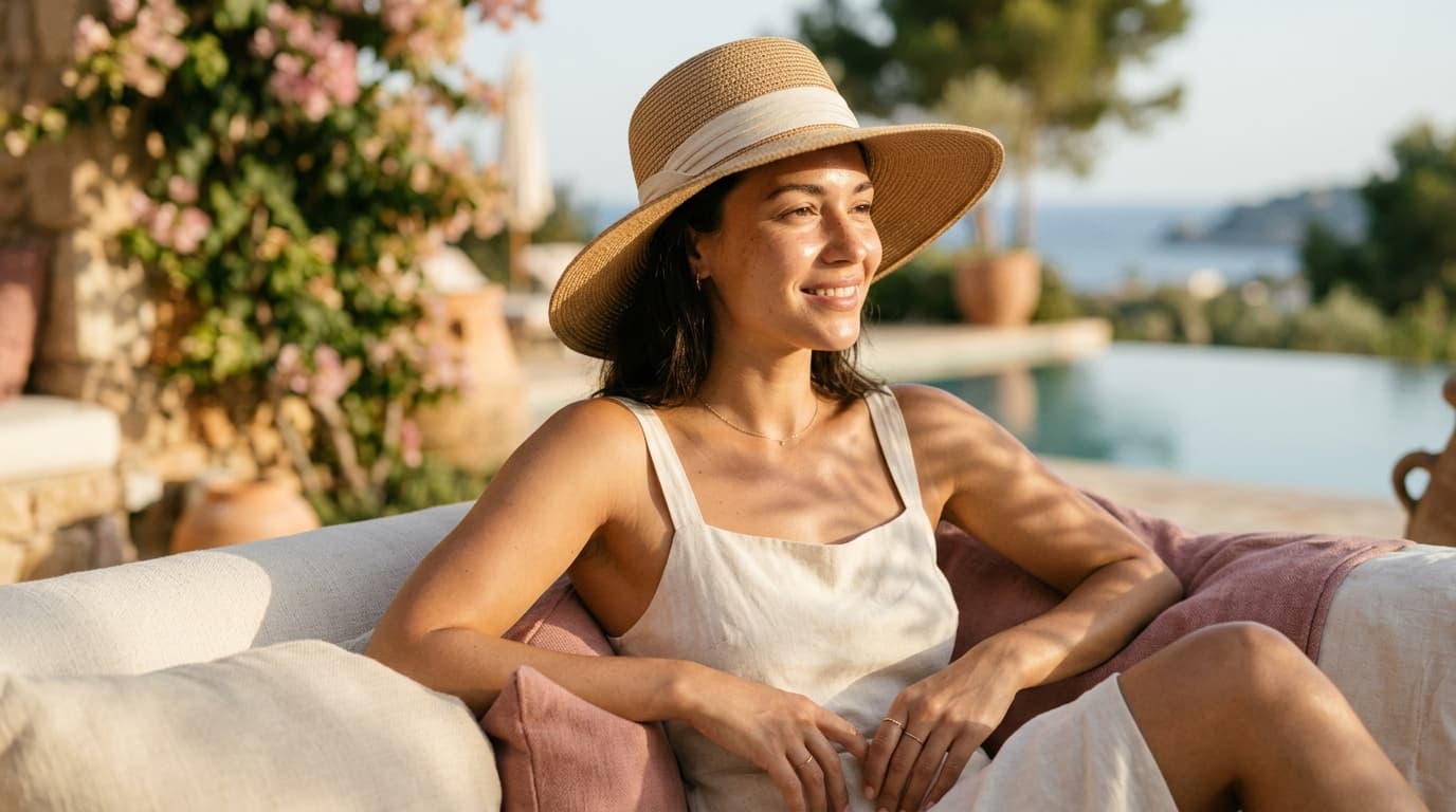 A woman in a wide-brim straw sun hat relaxing in warm summer light by the water, with healthy, sun-protected, glowing skin.