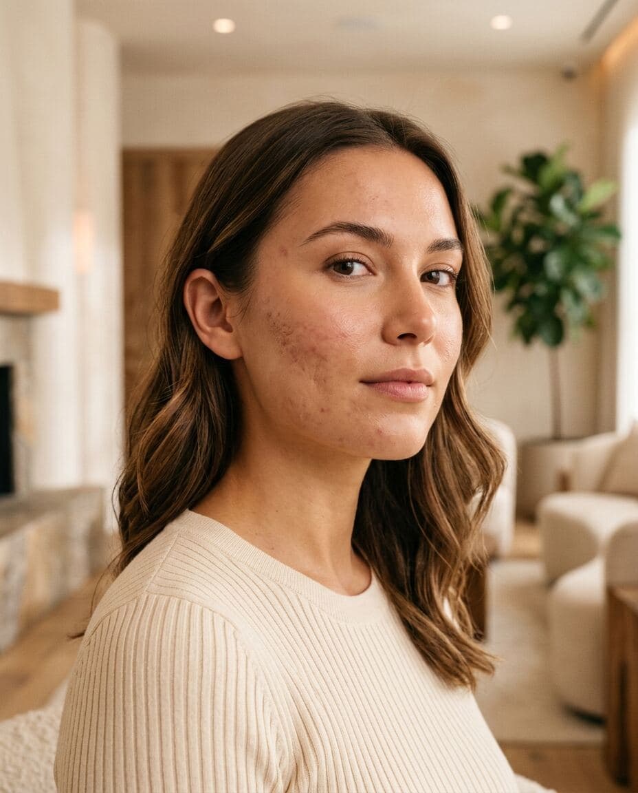 Editorial portrait of a patient considering acne and acne scar treatment.