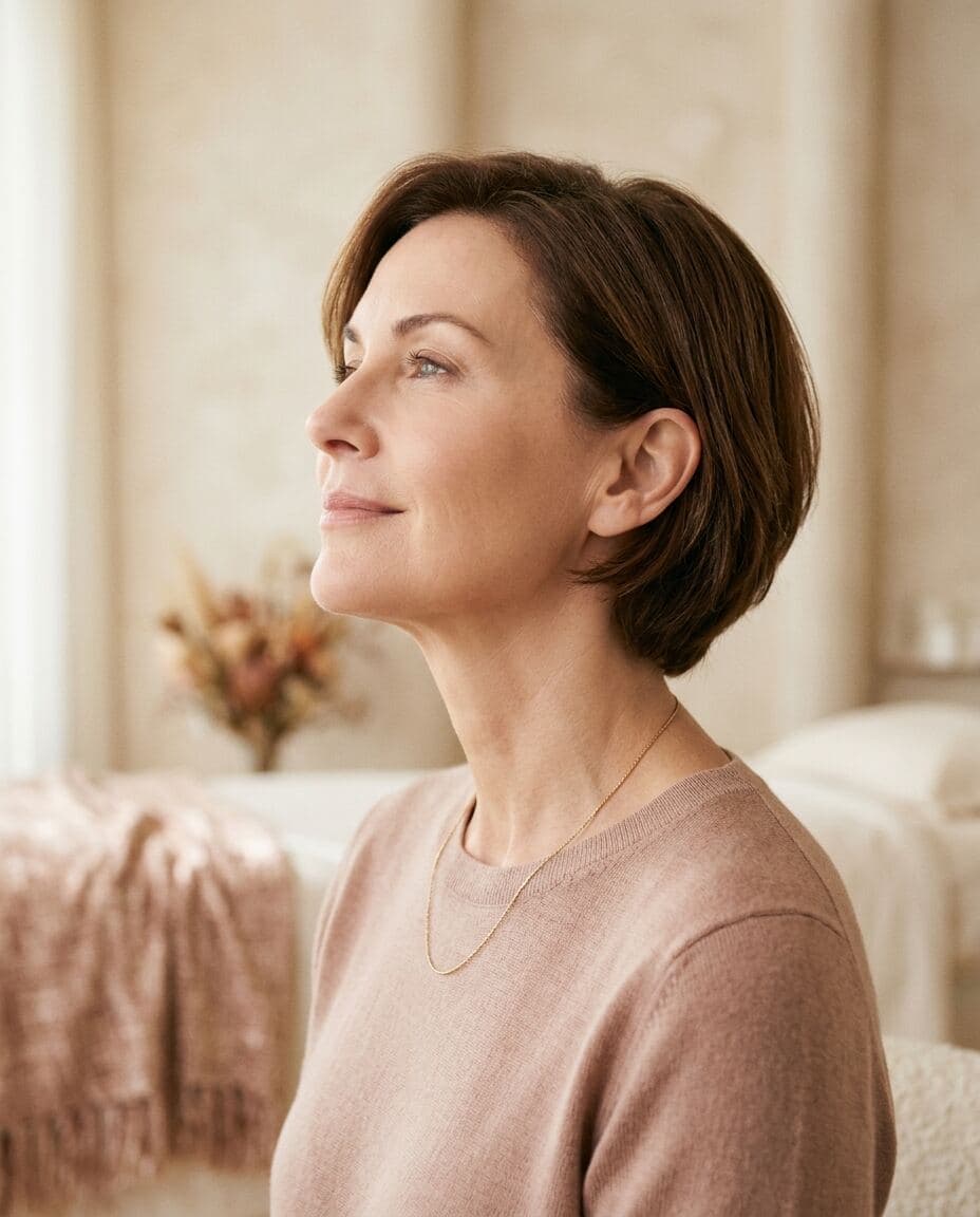 Editorial portrait for a neck and jowl tightening consultation.
