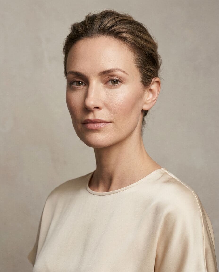 Three-quarter editorial portrait of a woman with harmonious cheek, chin, and jawline proportions illustrating full facial balancing at The Beauty Spot Medspa in North Haven, CT.