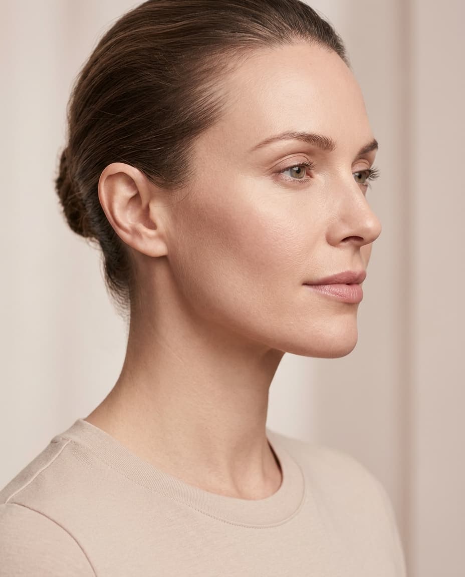 Profile of a woman's relaxed, softly defined jawline at the masseter angle, illustrating masseter Botox for jaw slimming and clenching relief at The Beauty Spot Medspa in North Haven, CT.