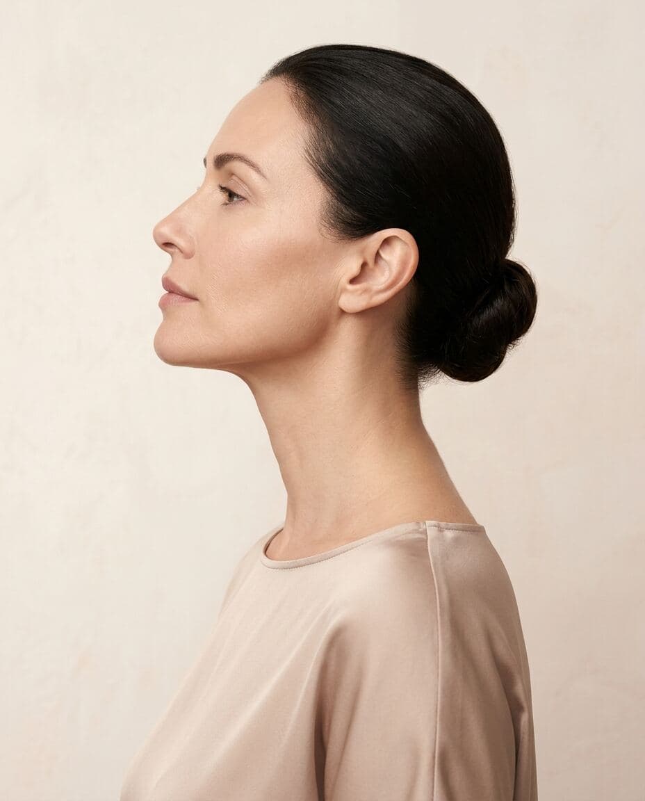 Elegant profile of a woman's lifted chin, defined jawline, and smooth neck illustrating the Nefertiti neck lift at The Beauty Spot Medspa in North Haven, CT.
