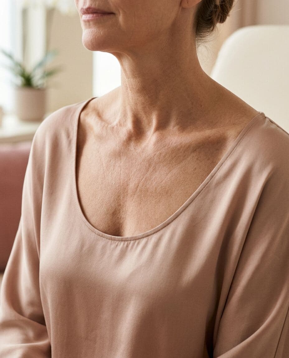 Close-up of a woman's neck and décolletage showing fine lines and crepey chest skin treated with Sculptra collagen biostimulator at The Beauty Spot Medspa in North Haven, CT.