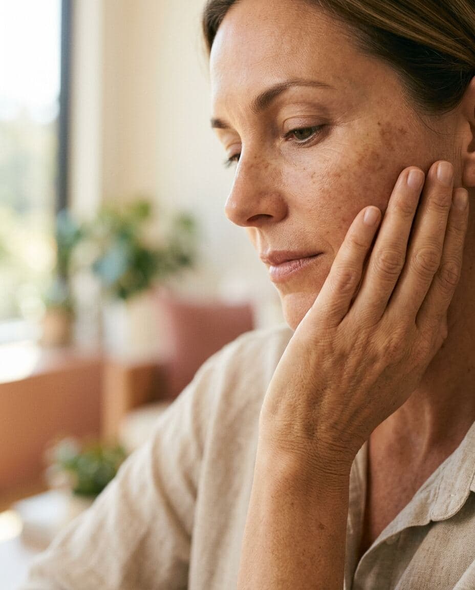 Editorial portrait illustrating brown spots and sun damage concerns.