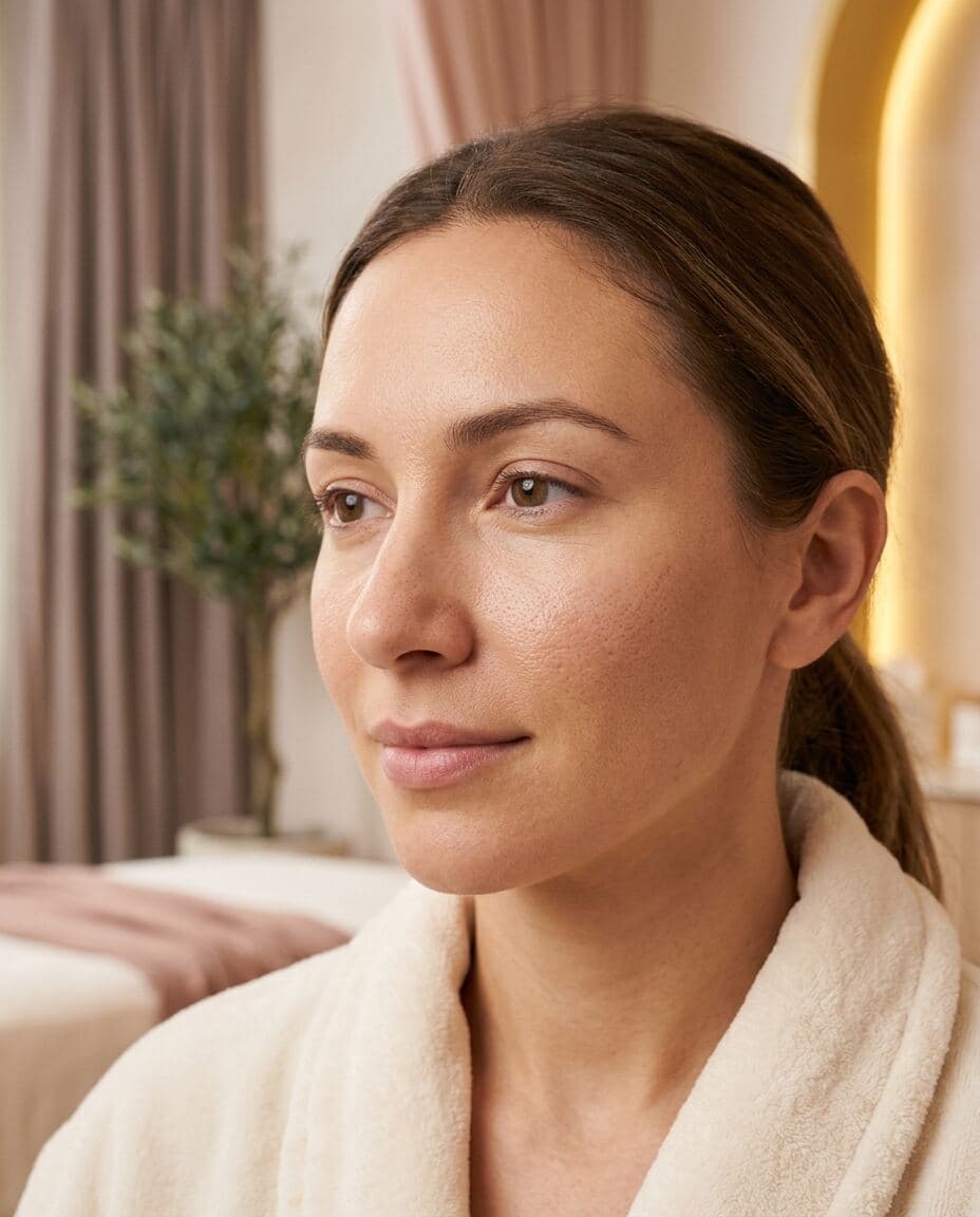 Editorial portrait illustrating enlarged pore concerns.