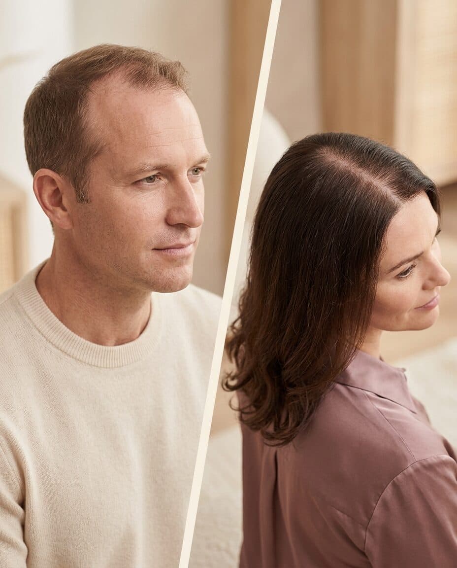 Split editorial portrait of a man with a receding hairline and a woman with a widening part and thinning at the crown — the male and female patterns of hair loss treated at The Beauty Spot Medspa in North Haven, CT.