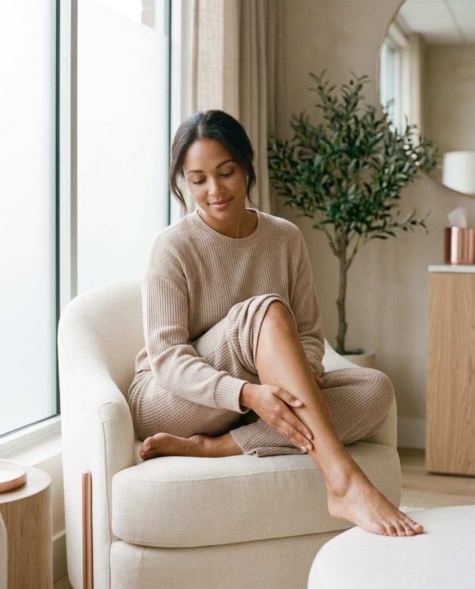 A woman resting her hand on smooth, hair-free skin after laser hair removal at The Beauty Spot Medspa in North Haven, CT.